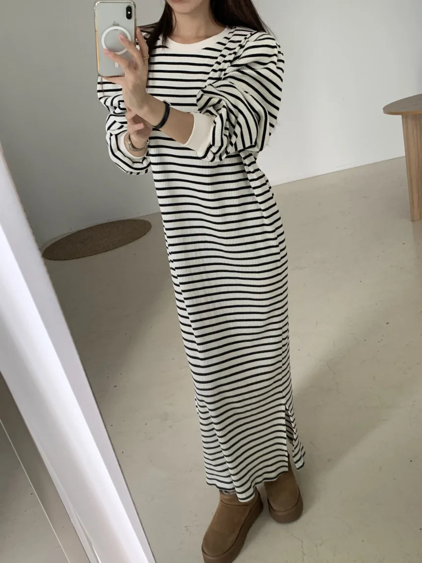 Casual listra longa dr feminino faion retro cor blo el fenda lateral camada base solta dr coreano sle redondo ne