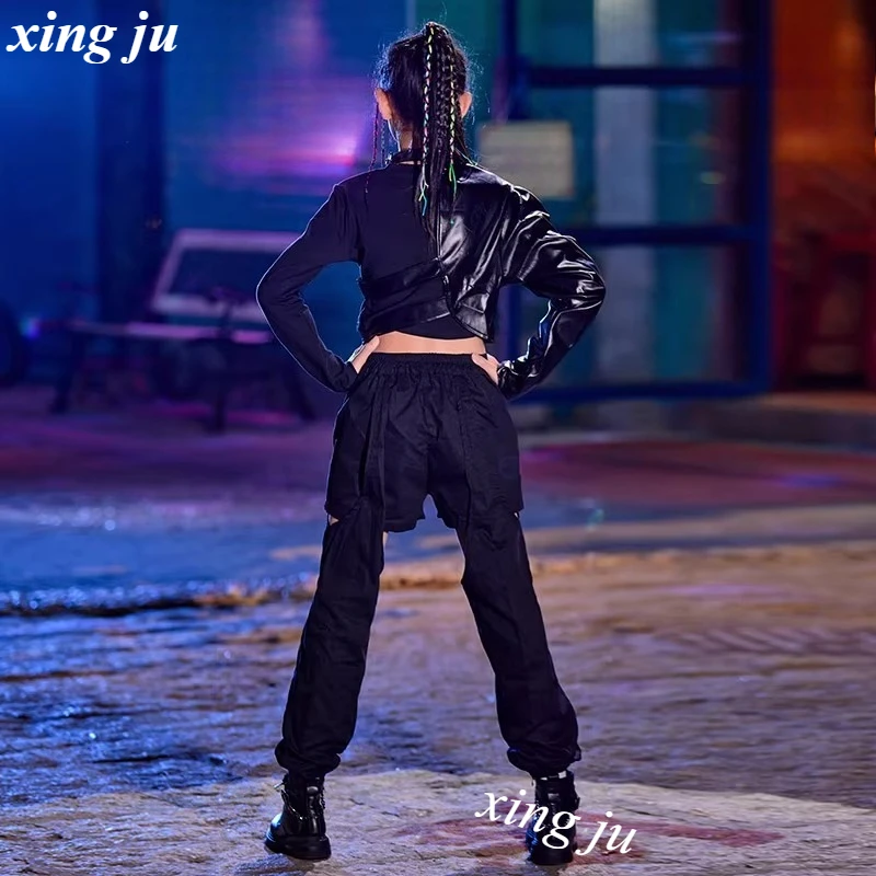 Chaleco de PU negro para baile callejero para niños, Tops de manga larga, pantalones calados a la moda, traje de baile de Jazz para niñas, ropa de escenario de Hip Hop para niños