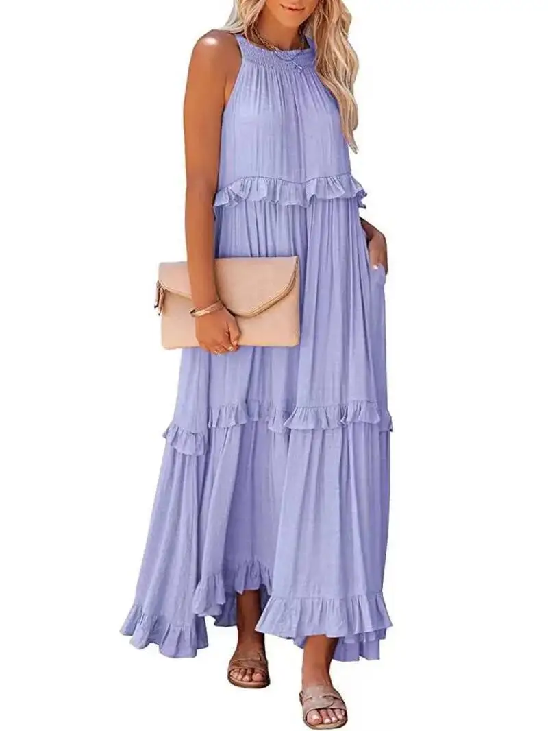 Femmes décontracté solide volants longue robe élégante sans manches robe d'été élégante Harajuku Maxi robe plage fête soirée robe LS8Q