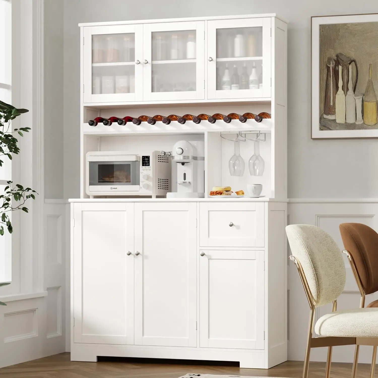 71' Tall Kitchen Pantry Cabinet, Modern Hutch with Microwave Stand, 6-Door White Pantry