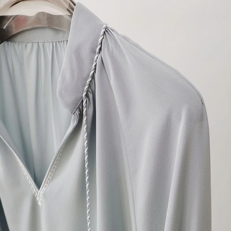 Birdtree,22MM 100%  Silk Blouse,Women's Embroidery Full Sleeve V-neck Shirts,Commuting Style,2025 New Pullover T5D402JF