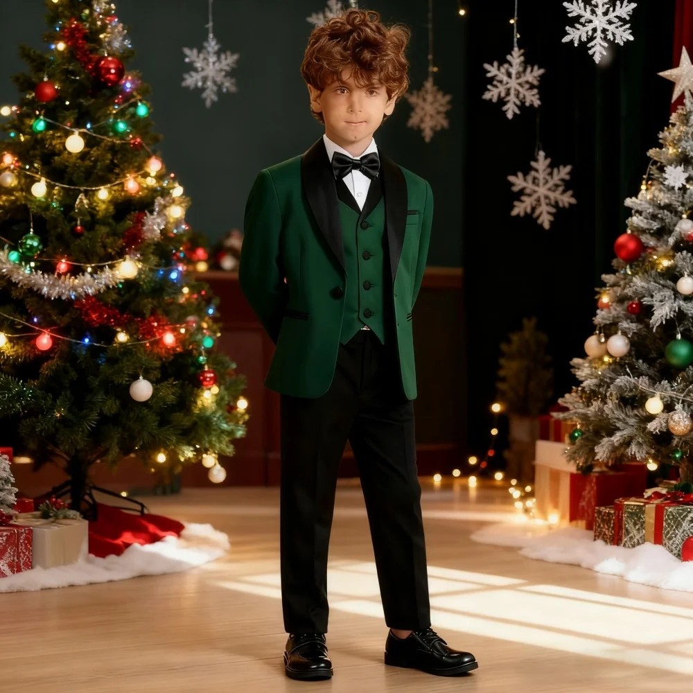 

Boys Deep Green Elegant 4 Piece Tuxedo Set Jacket Vest Pants Bowtie Formal Dresswear for Weddings Performances
