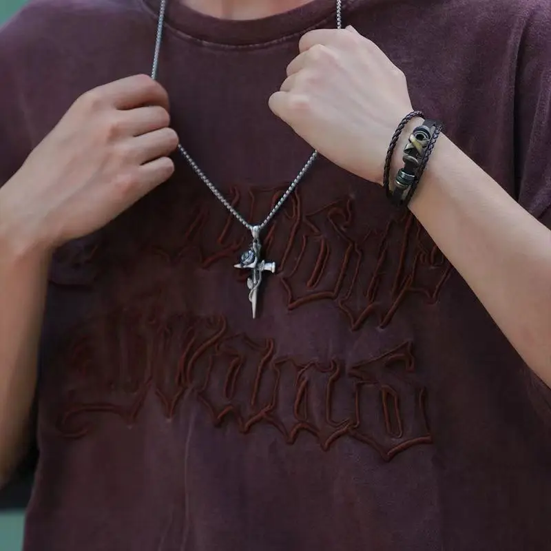 Outdoor Portable EDC Hip-hop Retro Rose Cross Stainless Steel Necklace Pendant Tool