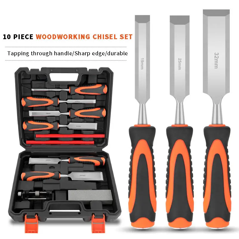 10pcs woodworking chisel set, impact resistant handle wooden chisel, suitable for 6-38mm DIY woodworking chisels and grinders.