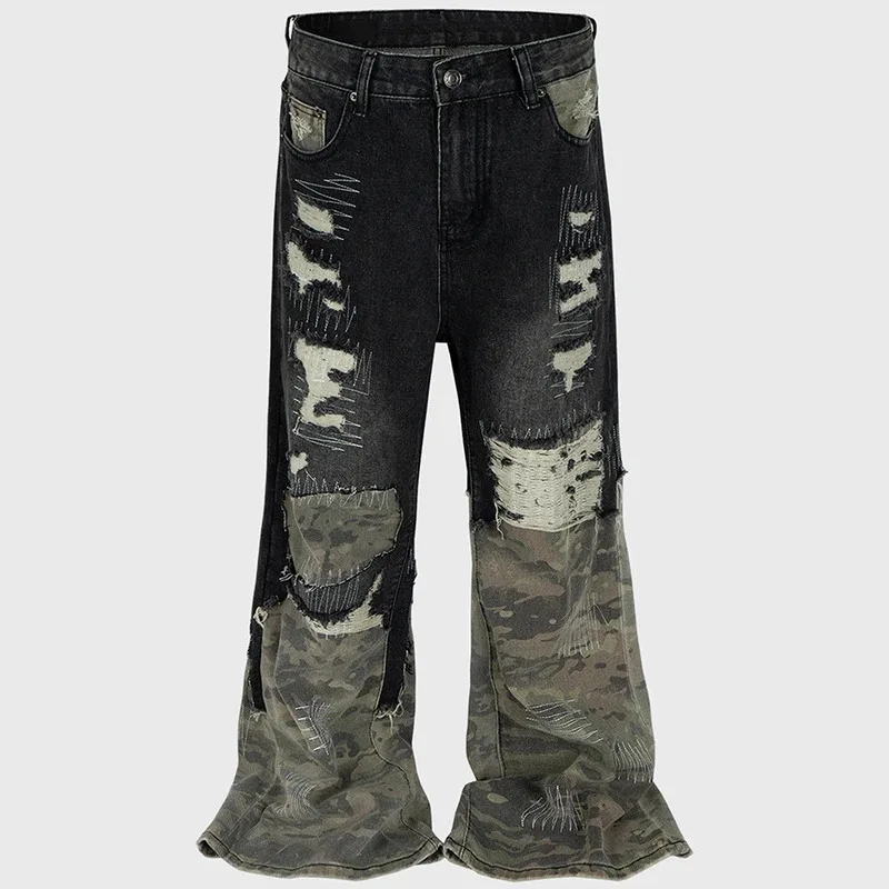 Camuflagem retalhos jeans vintage rasgado emenda azul queimado calças jeans homens streetwear hip hop azul baggy calças jeans