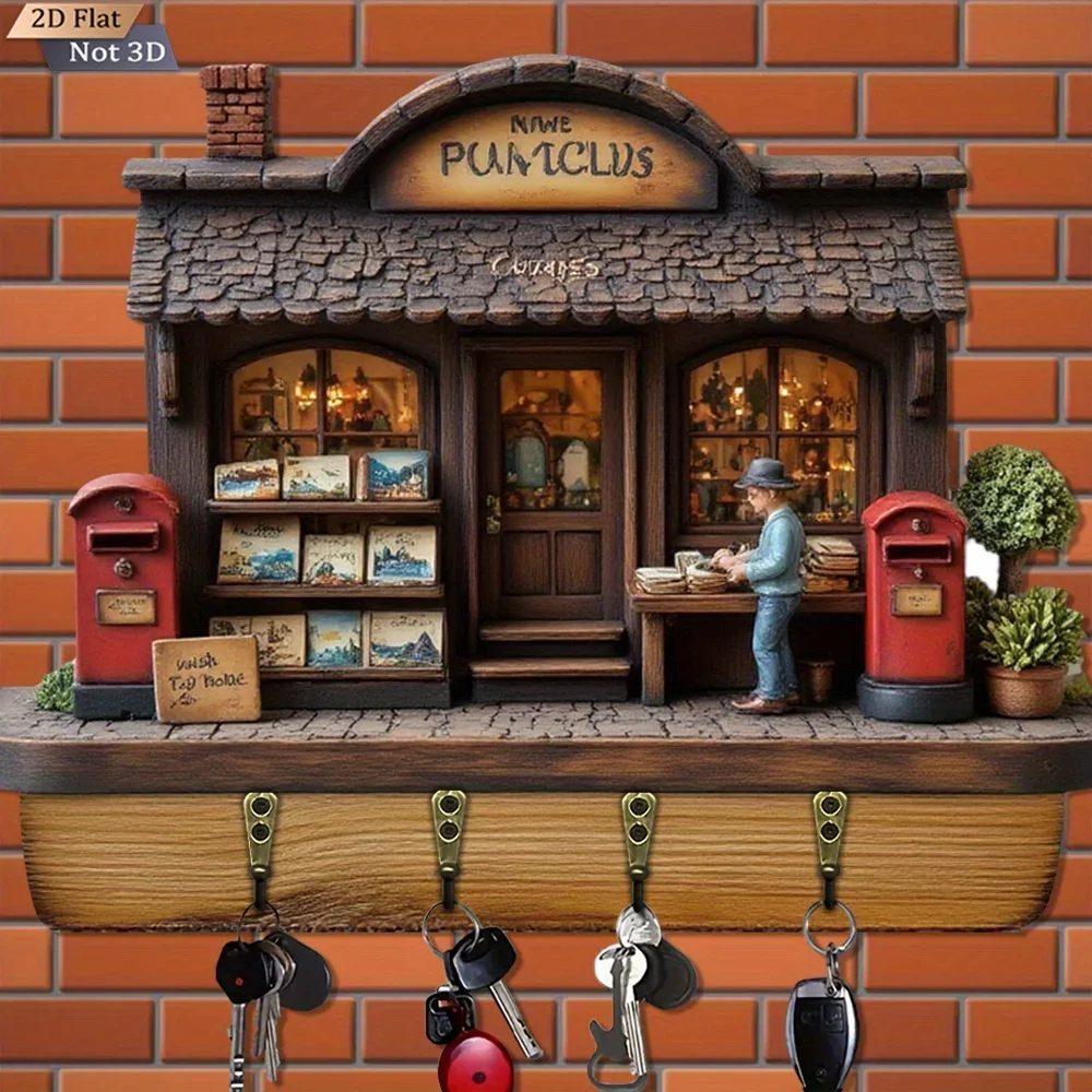 . 2D Flat. 1pc, Retro mailbox cottage-style key hook, wooden multifunctional home key rack, with four metal hooks, wall