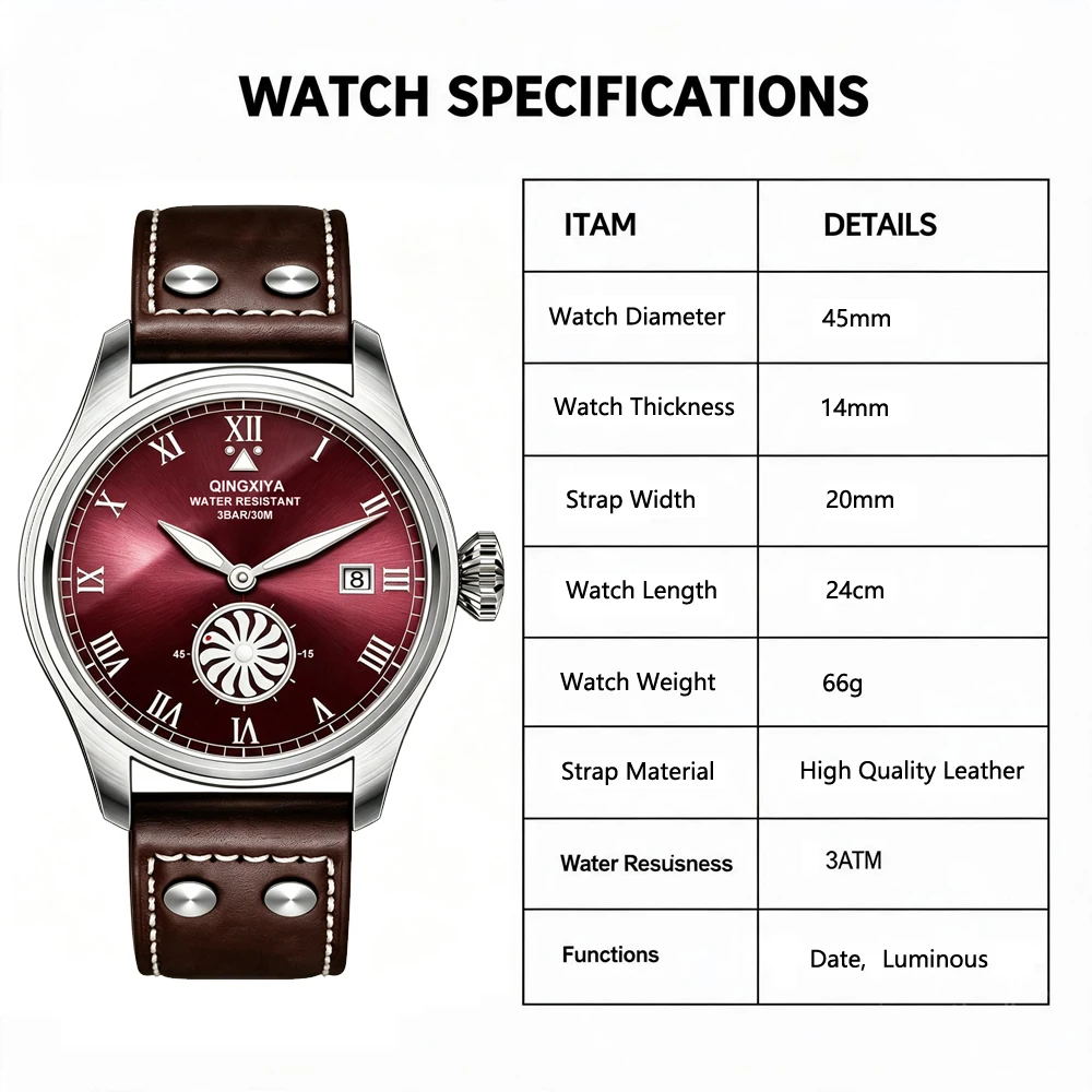 QINGXIYA Marken-Modeuhren für Herren, Turbinen-Sekundenanzeige, Quarzuhr für Männer, Hochwertige Leder-Armbanduhr, Wasserdicht, mit Datumsanzeige – Detail 15