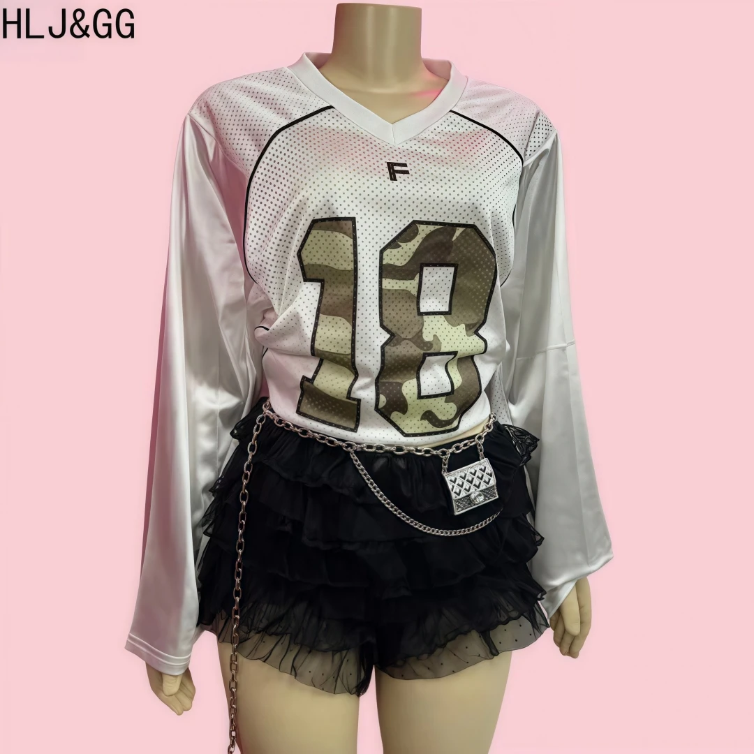 

HLJ&GG White Fashion Letter Loose Tshirts Two Piece Sets Women V Neck Long Sleeve Top And Ruffle Lace Mini Skirts Shorts Outfits