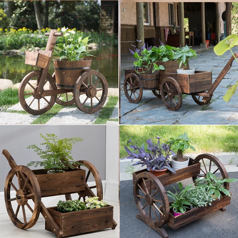 Outdoor balcony solid wood flower box, multi-layer wooden flower pot frame carbonized preservative wood courtyard garden