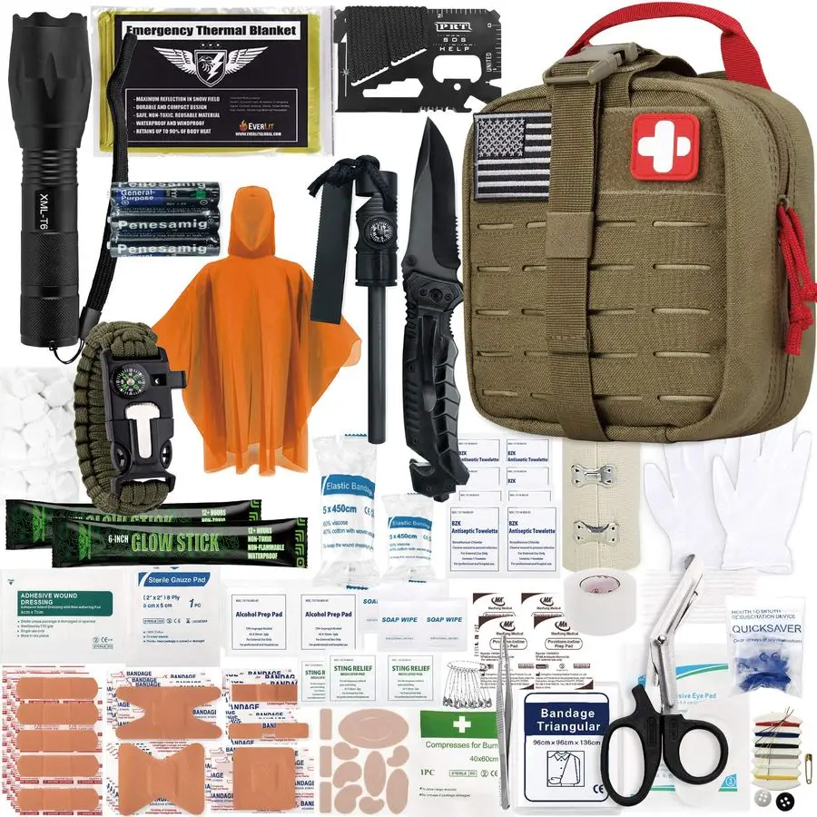 

Survival Upgraded Survival First Aid Kit Emergency Gear Trauma Kit with 1000D Nylon Laser Cut Tactical EMT Pouch for Outdoor, Ca