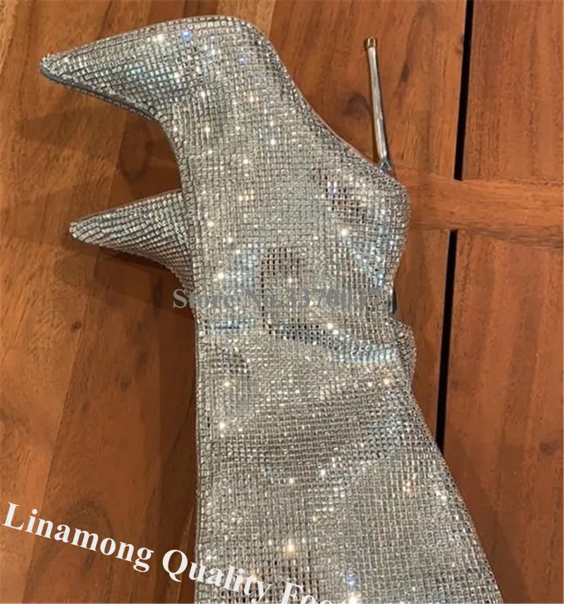 Luxurious Silver Rhinestones Long Boots Linamong Bling Bling Pointed Toe Over the Knee Stiletto Heel Boots Shining Wedding Heels