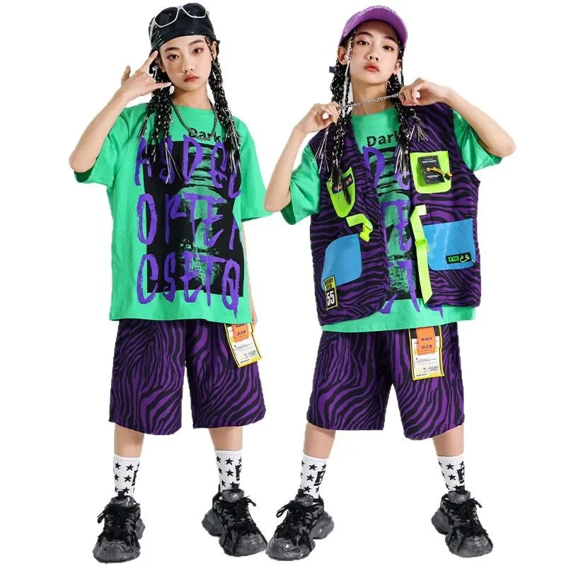 

Kids Ballroom Hip Hop Show Clothing Sleeveless Jacket Top Tactical Cargo Pants Shorts for Singers Girls Boys Dance Wear Costume