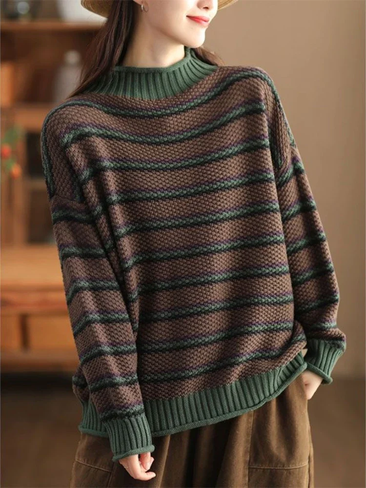 2024 Autumn/Winter Fashion Series Women's Retro Casual Knitted Hoodie Splicing Half High Collar Long Sleeve Warm Sweater  Jumper