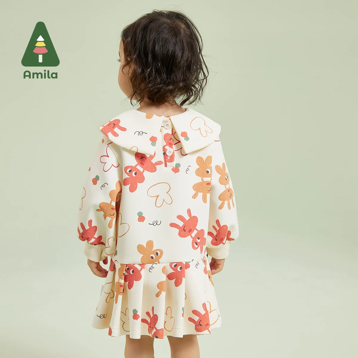 Amila Children\'s Clothing 2023 New Autumn  Cute Cotton Fun Printing Soft  Loose Fit Fashion Warm Insulation Dress Girls Baby