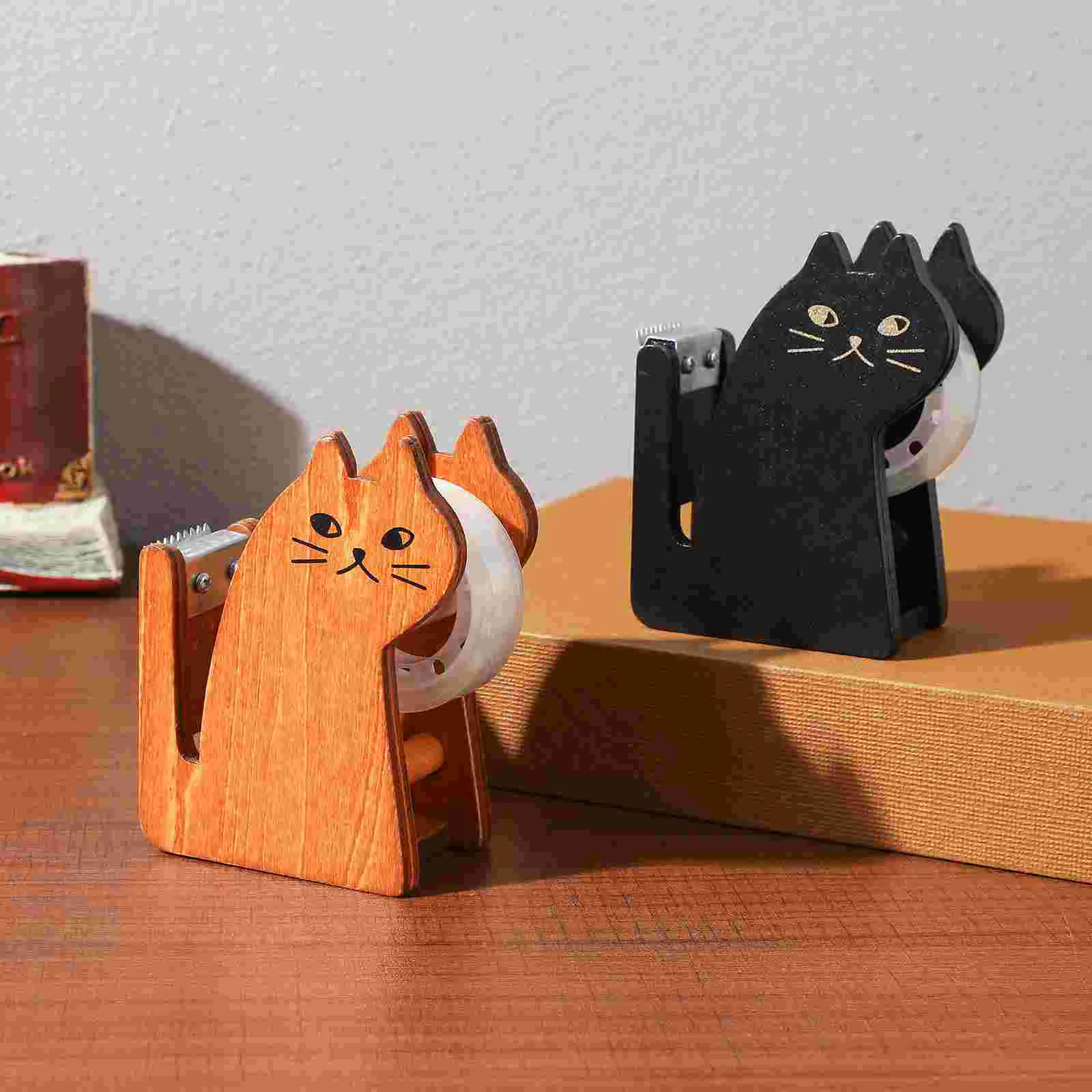 2 Pcs Dispenser Cat Tape Holder Child Desktop Stand Gaffers Wood Cute Office Base