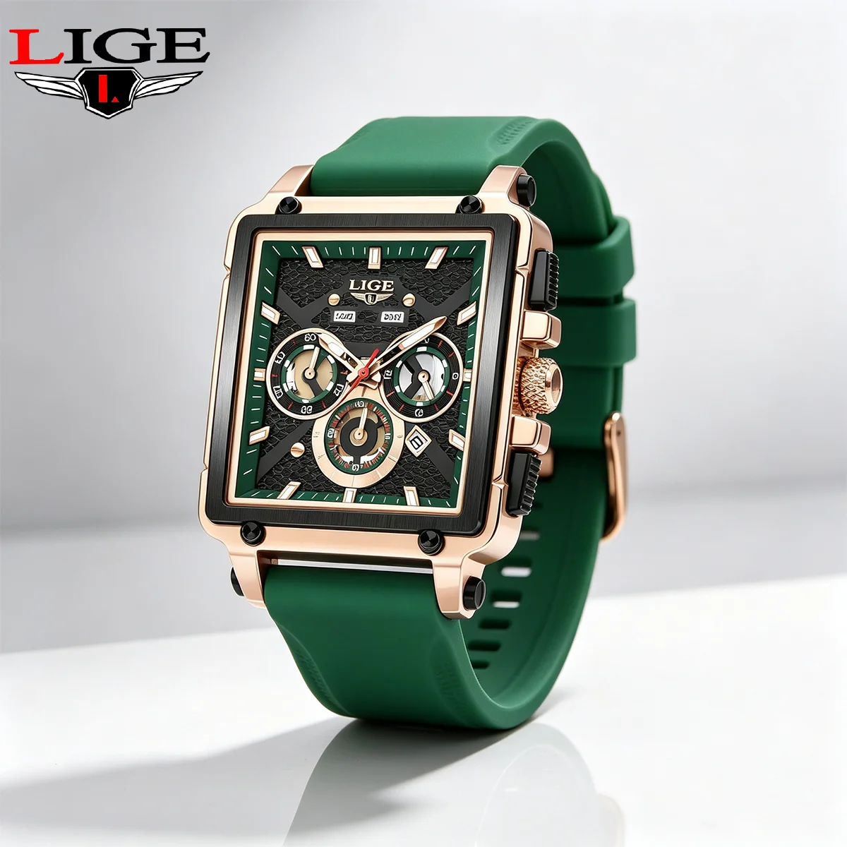 LIGE New 2026 Sports Men's Watch Fashion Large Dial Square Quartz Wristwatches Chrongraph Auto Date Silicone Watches for Men+Box