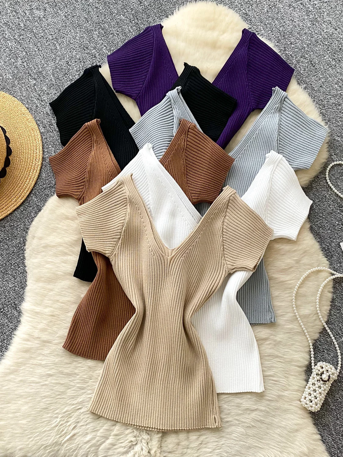 

mat Color Deep V-Ne ort Sve Knitwear Women's Slimming Ele Summer Top Korean Sle Commute Faion