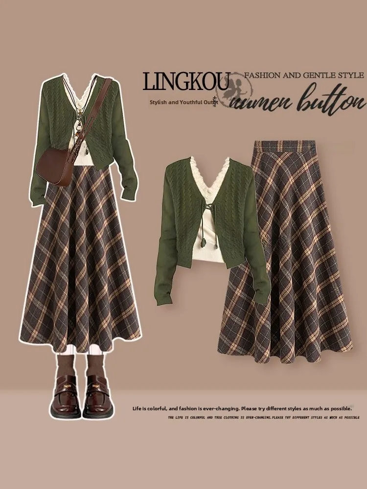

Large Size Autumn Set Women's Anti-Aging V-Neck Knitted Top High Waist Plaid Skirt Two-Piece Set French Style Casual Wear