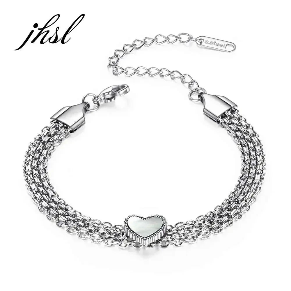 

JHSL Women Bracelets with Heart Charm Multi Layered Silver Rose Gold Color Stainless Steel Female Bangles Fashion Jewelry