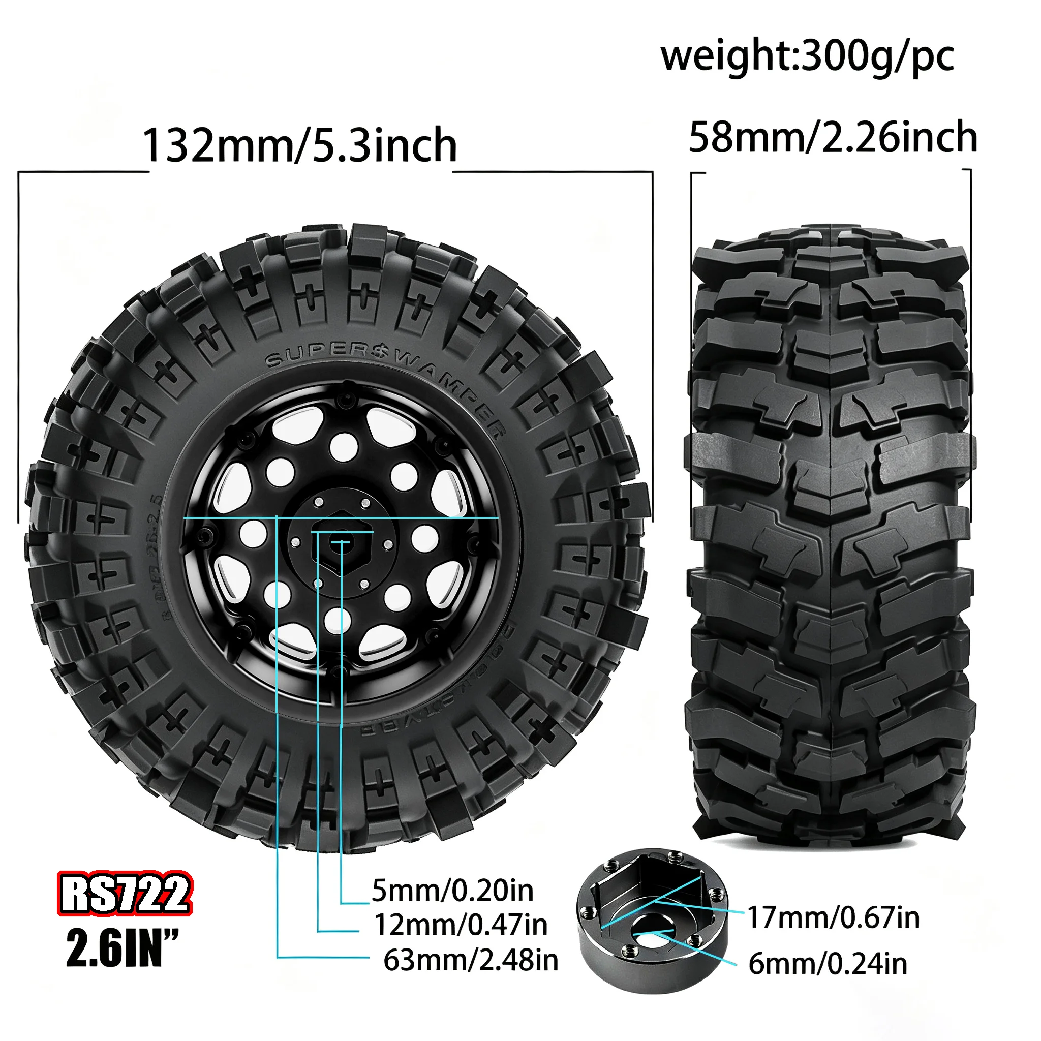 RED SPIDER 4Pcs 2.6In RC Crawler Tire Se+Metal Beadlock Wheel Rim for 1/8 RC Off‑Road Car CROSSRC  AXIAL SCX6 Replacement Parts