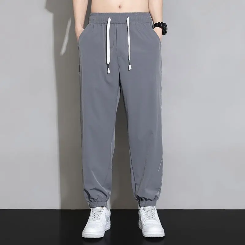 Men's 2026 Summer Ice Silk Wide Leg Sweatpants Loose Thin Cuffed Cropped Pants