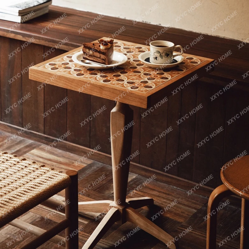 Solid Wood Retro Balcony Living Room Coffee Shop Nostalgic Mid-Ancient Tile Pattern round Coffee Table