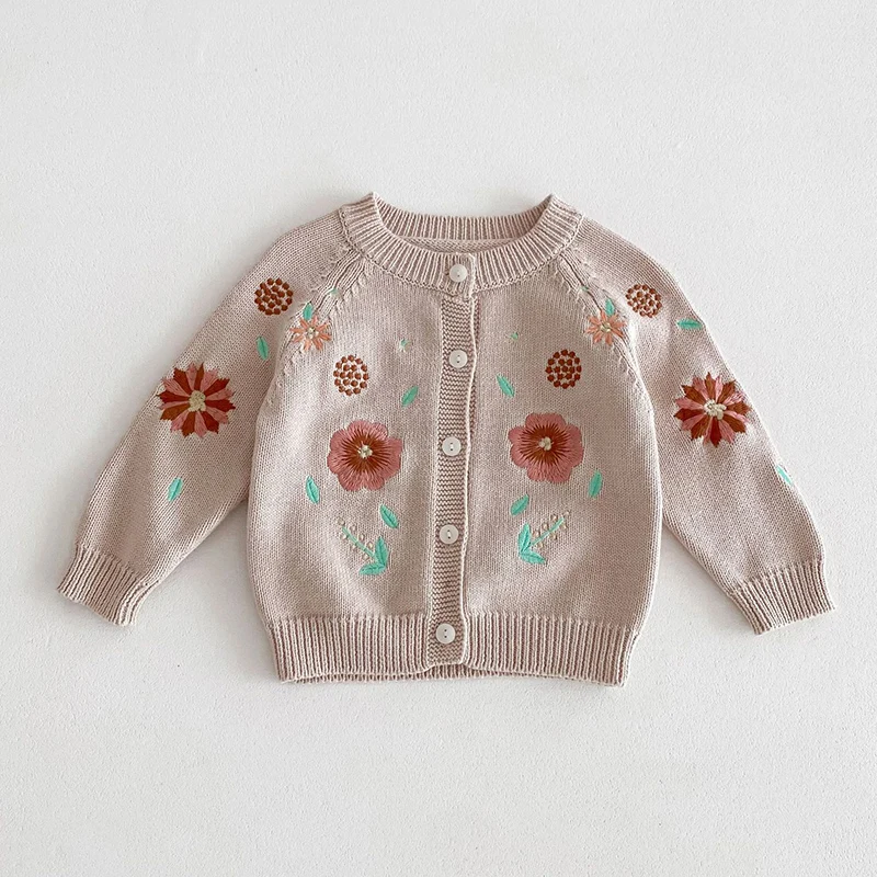 2024 New Autumn Newborn Baby Girls Sweater Toddler Baby Girl Knitting Cardigan Long Sleeved Knitted Flower Embroidery Coat