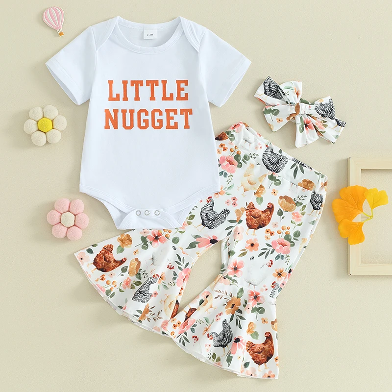 

Newborn Baby Girl Farm Outfits Little Nugget Short Sleeve Romper Chicken Floral Flared Pants Headband 3Pcs Set