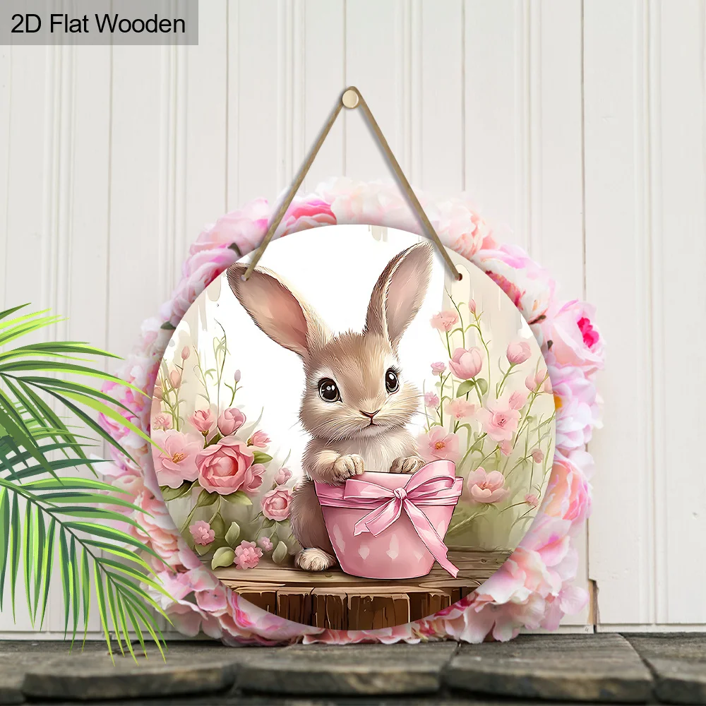 2D Flat 1pc Easter Spring Gray Rabbit Pink Tulip Lily Flower Bow Bamboo Basket for Lover Gift Flat Wood Porch Wreath Hanging Pri