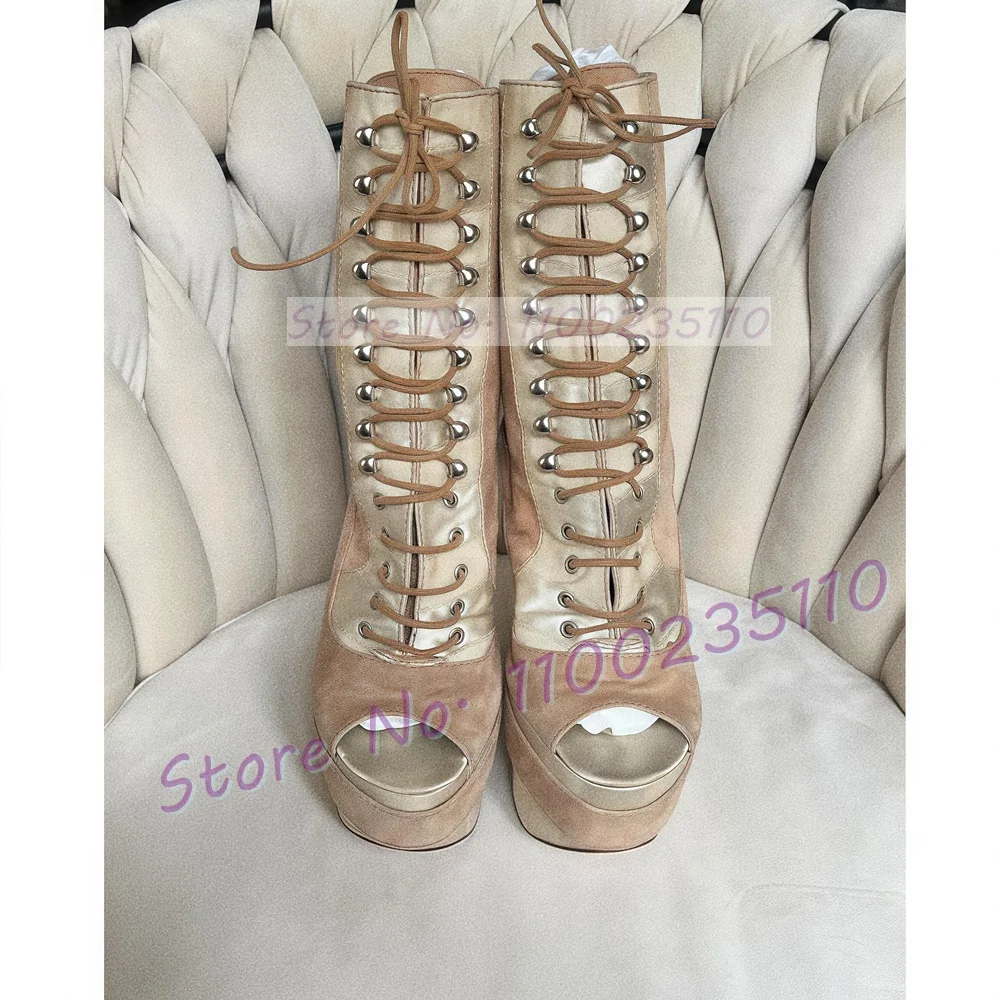 Nude Suede Platform Ankle Boots Female Chic Party Buckle Strap Peep Toe High Heels Shoes Bare Heel Cross Tied Patchwork Boots view 2
