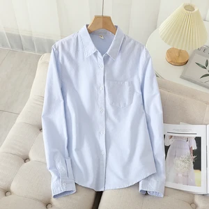 Women's casual cotton oxford shirt, blouse and tops-en for lady, good quality white and blue striped shirts, autumn clothes, new, 2022 8 Main Sales Blue Shirt - №7