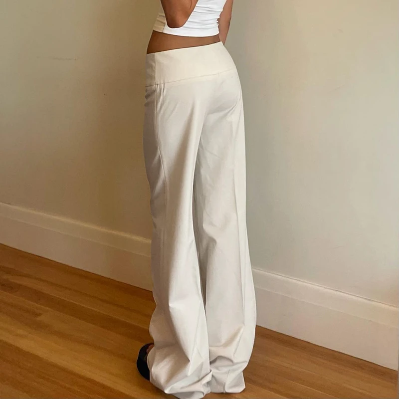 SUCHCUTE Women Low Waist Wide Leg Trousers Metal Buckle Decor Front Pleated Flare Pants Y2K Solid White Casual Bootcut Long Pant