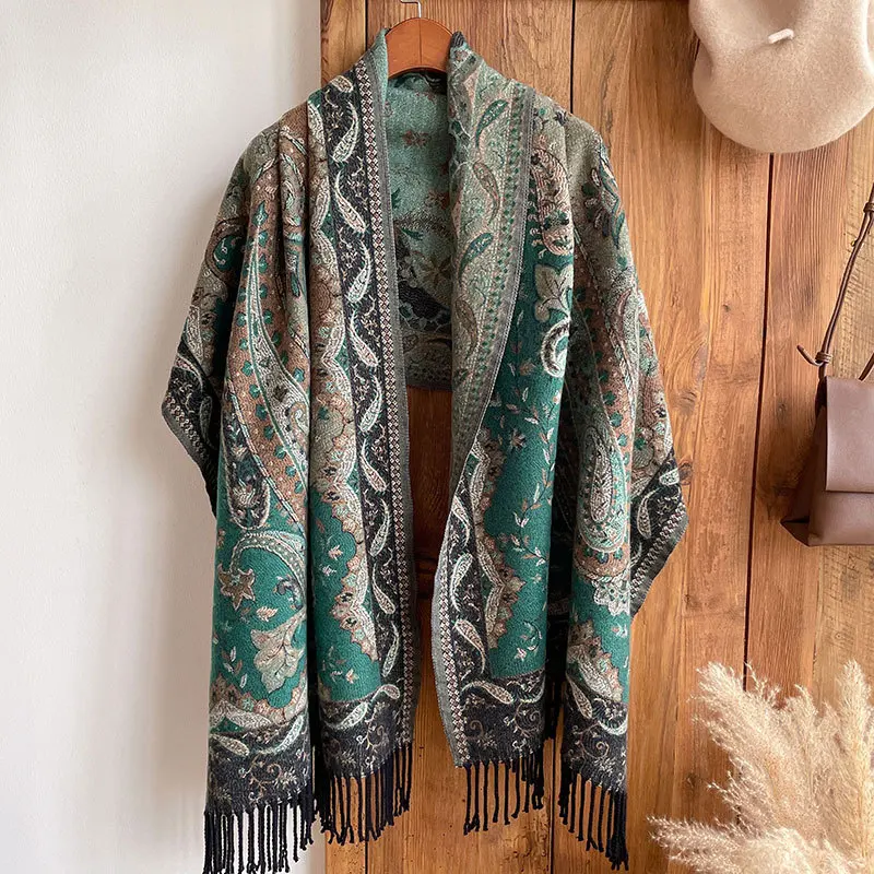 Outdoor Jacquard Scarf Thick Cashmere Tassel Shawl Winter Warm Neck Wrapped in Cashmere Flower Traveling Women's Paisley