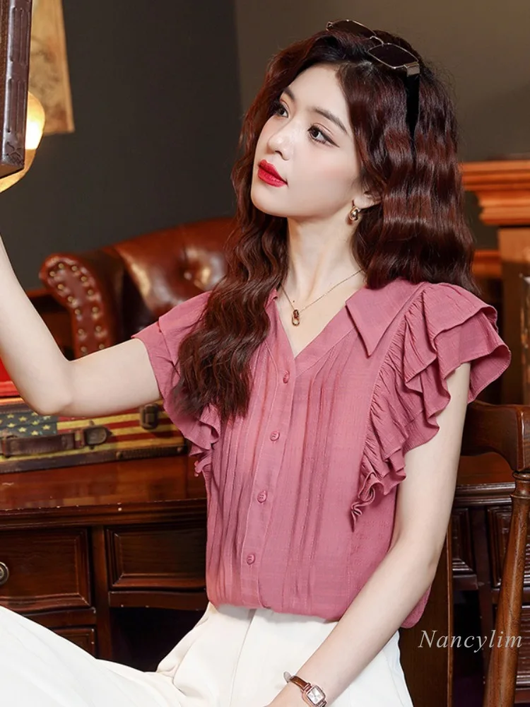 

Ruffled Short Sleeves Chiffon Shirts and Blouses Women's Summer Top 2024 New Popular Chic Design Flying Sleeves Blusas