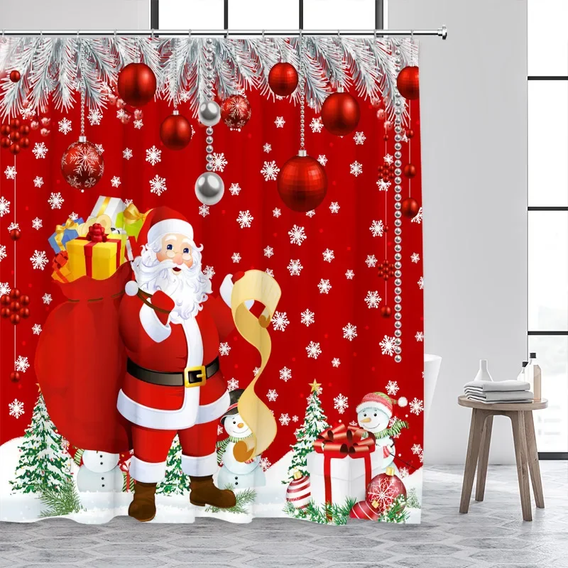 Funny Santa Claus Shower Curtain Cute Snowman Silver Pine Bough Xmas Balls Snowflake Red Christmas Bath Curtains Bathroom Decor