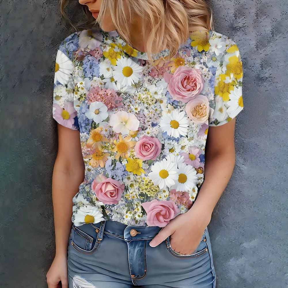 Camiseta estampada multicolor para mujer, moda informal de verano, estilo cómodo, cuello redondo, manga corta