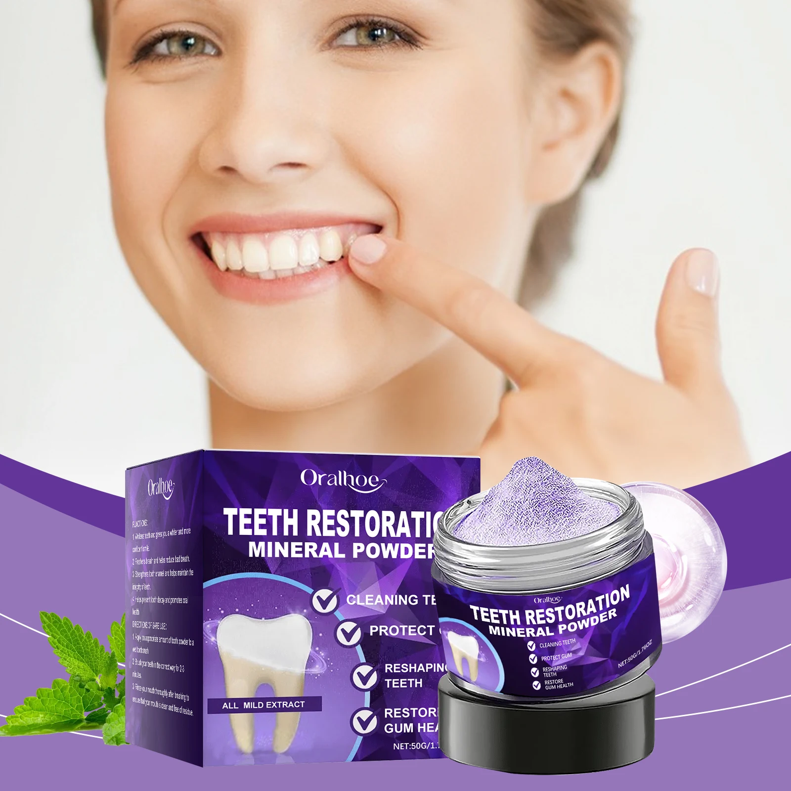 

Tooth powder for long-lasting dental cleanliness, fresh breath, enamel protection, cavity prevention, and oral care.