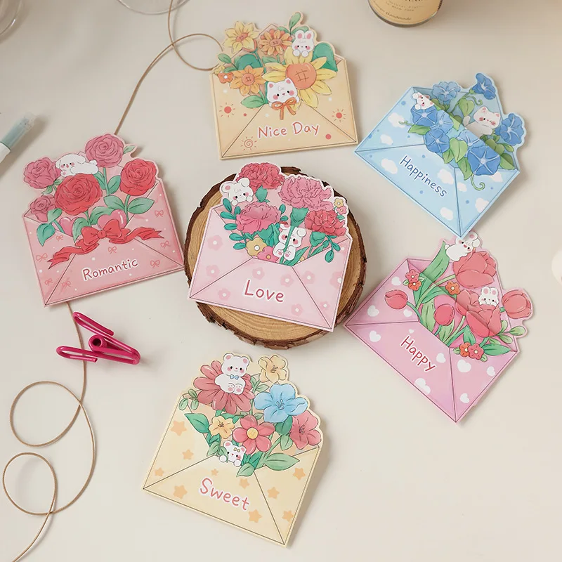 

10pcs 3D Bouquet Creative Greeting Card Flower Shop Birthday Wishes Small Cards Teacher's Day Thank-you Card