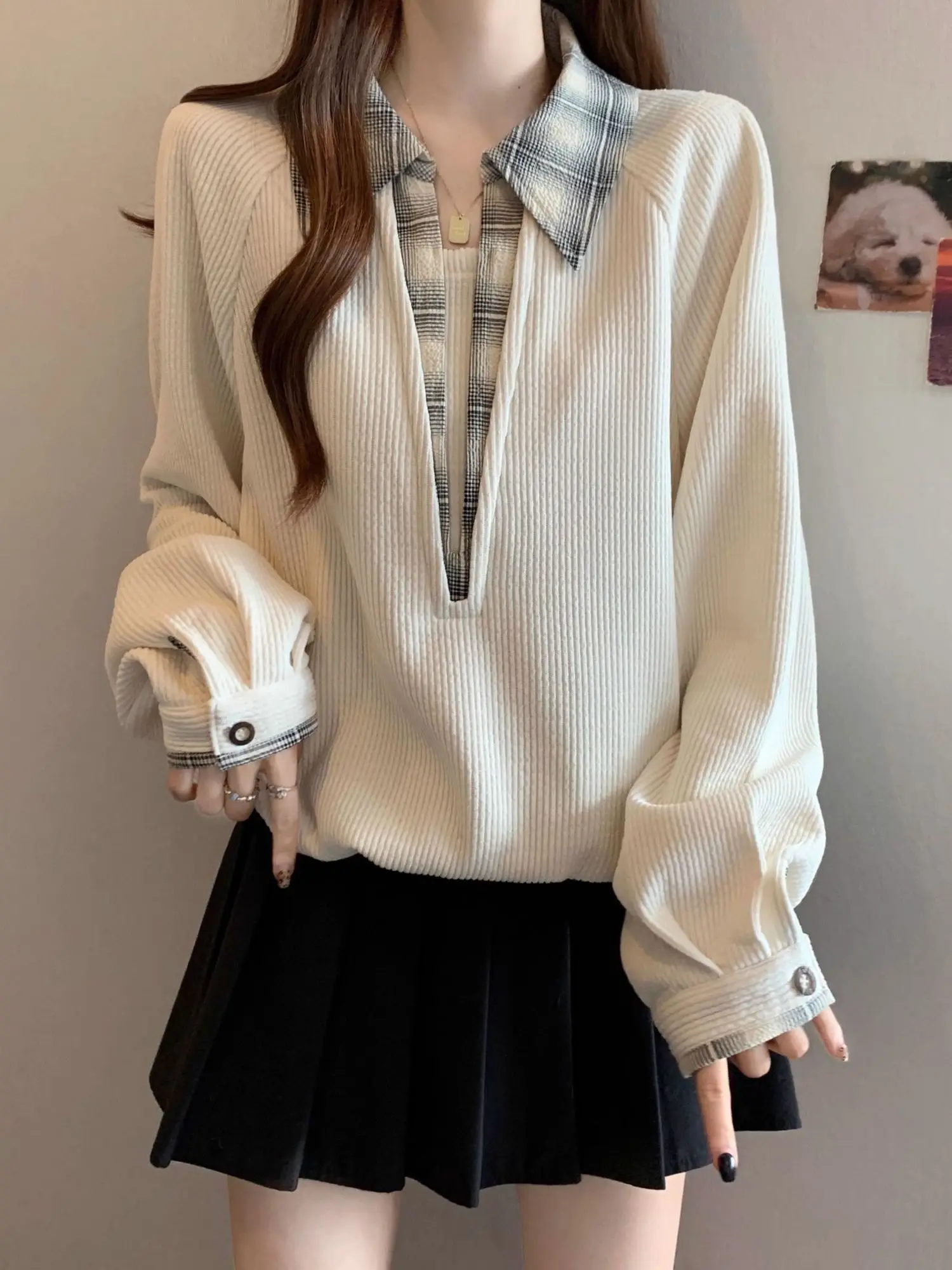 Suéter Feminino Longo com Design de Recortes, Ajuste Solto, Moda de Outono e Inverno, Alta Qualidade, Estilo Coreano com Gola