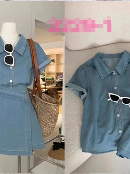 Set Rok Denim A-Line Longgar Slim Fit Wanita dengan Kerah Lipat dan Ikat Pinggang, Pakaian Kasual Katun Modis