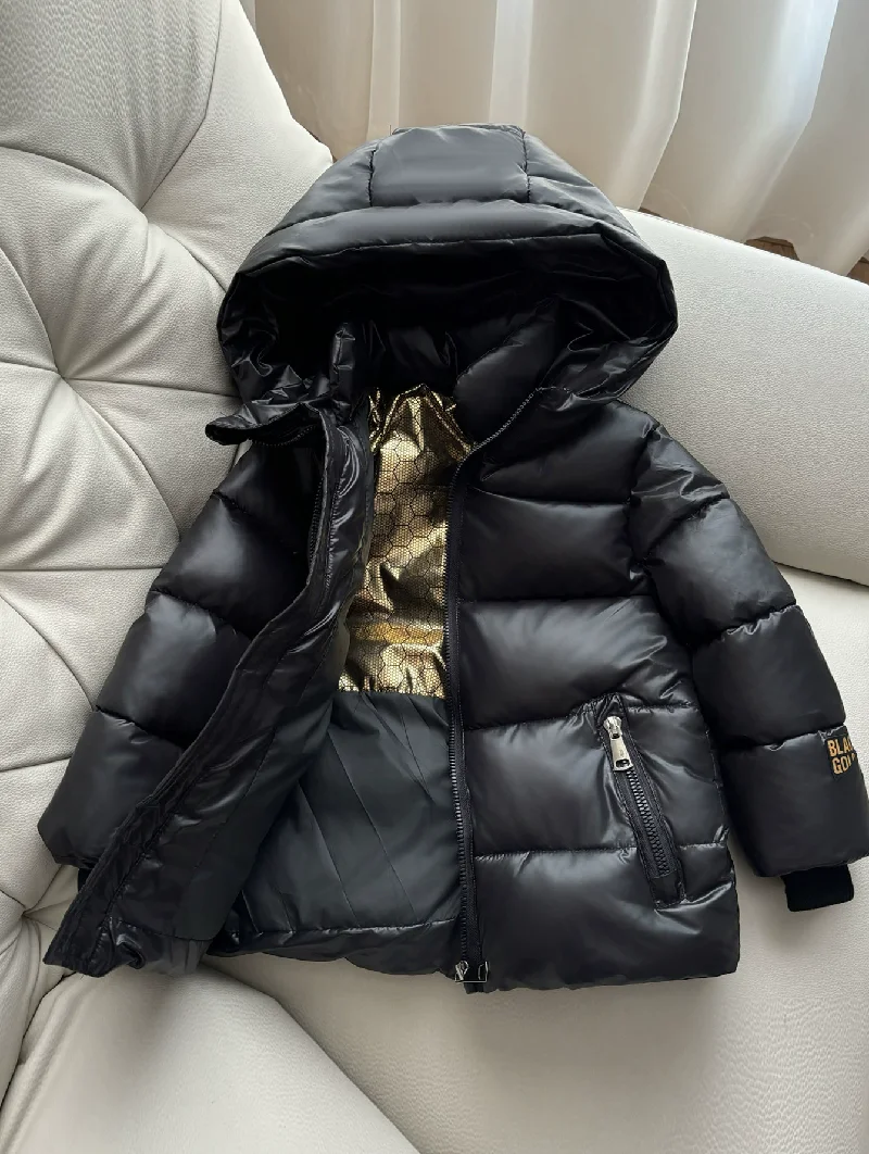 Mädchen Jungen Daunenjacke aus Baumwolle Winter Schwarz Dicker warmer Kapuzenmantel Kinder Windjacke Wasserdichter Parka Schneeanzug 3-8 Jahre