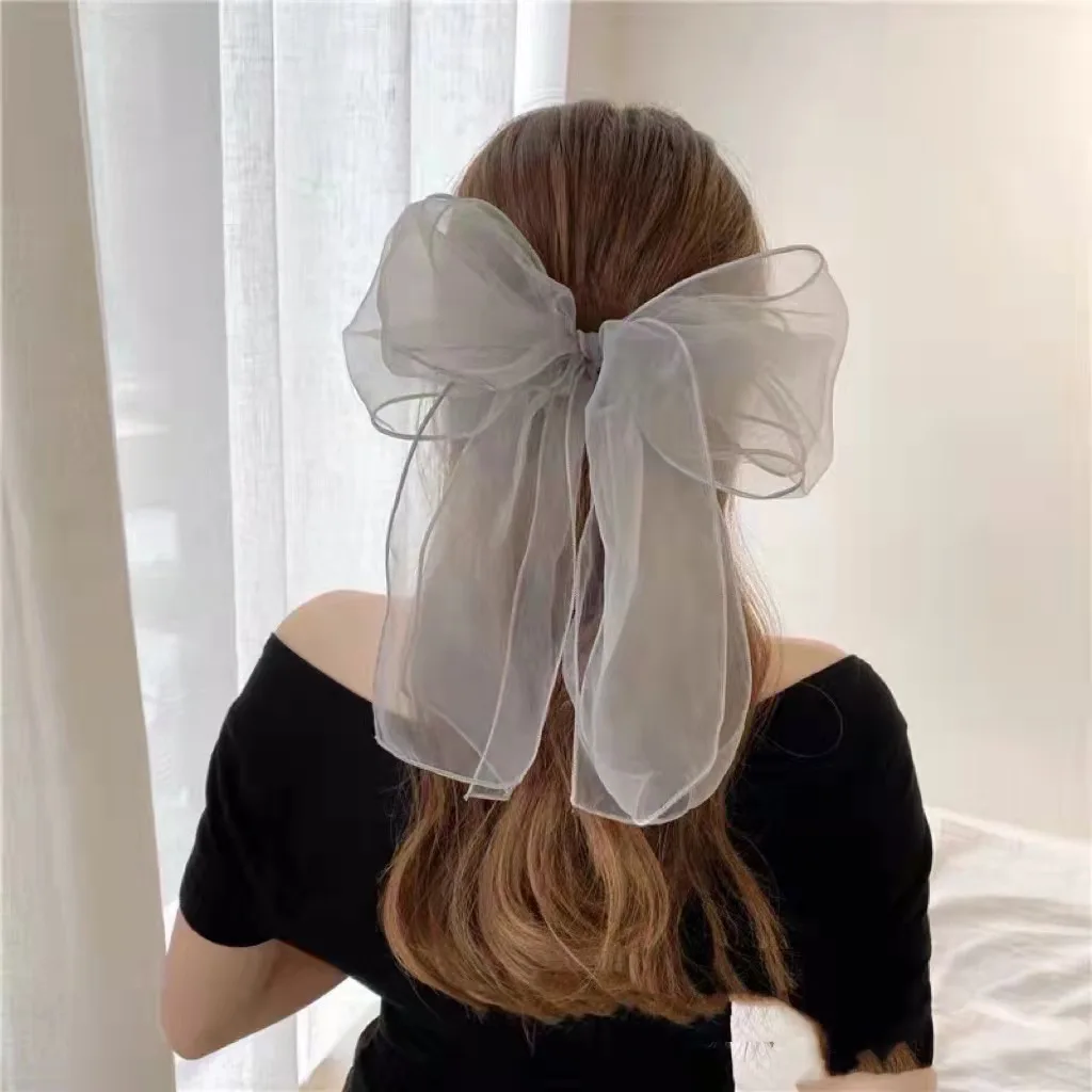 Women Top Fashion Oversize Organza Bowknot Hair Clip Exaggerate Party Wedding Hair Bow Handmade Long Scarf Barrette Hair Grip