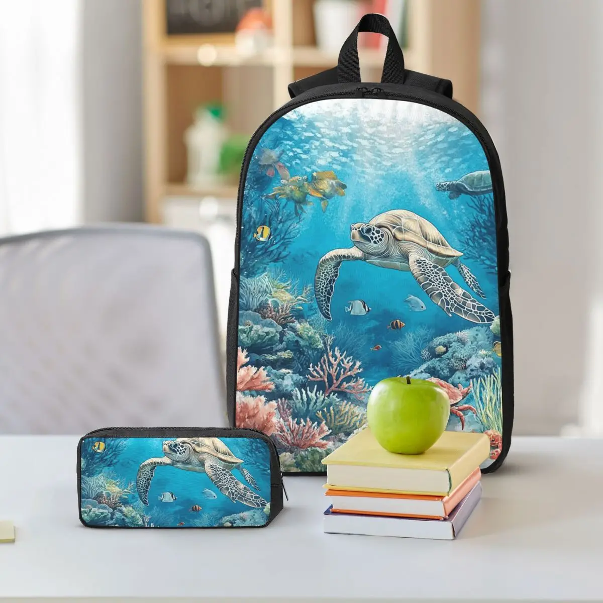 Turtle And Waterweed Watercolor Art Backpack Boys Girls BookBag School Bag Shoulder Bags 3ps Insulated Lunch Bag Pencil Case