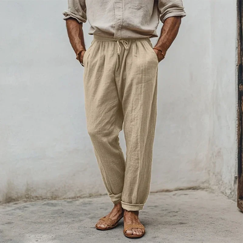 

Повседневные мужские свободные дышащие брюки, весна-лето, винтажные прямые брюки на шнуровке для мужчин, брюки для отдыха