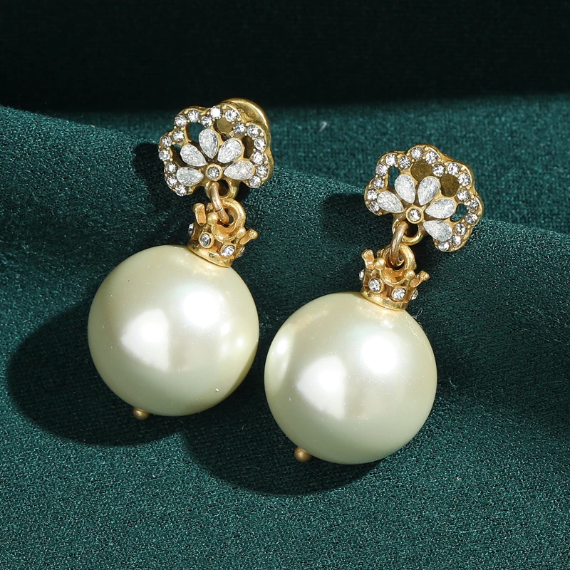 

Large Bohemia Pendant Drop Pearl Earrings Vintage Gold Plated Crown Design Retro Jewelry Luxury For Lady Wedding Charm Art Deco