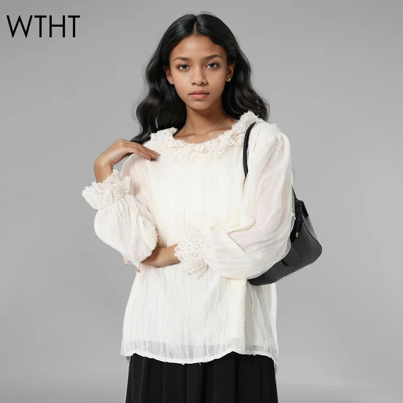 WTHT Fashion Women's Double Layered Lace Design Solid Color Shirt 2024 Winter New Round Neck Long Sleeves Blouse Female 1LS525