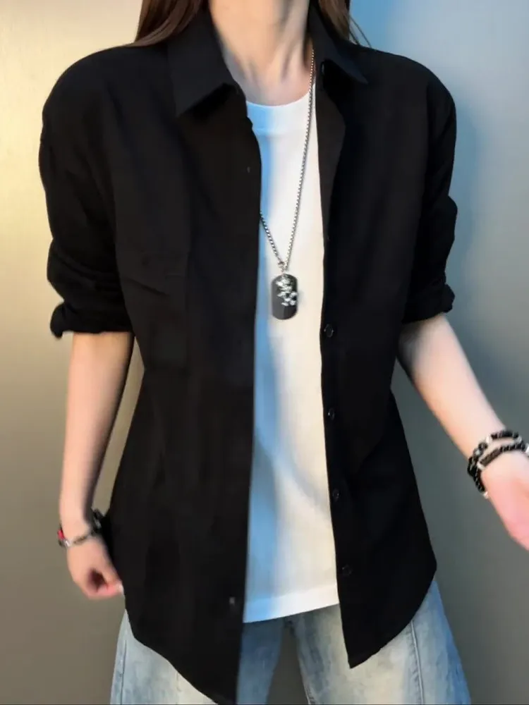 Black Workwear Style Long Sleeve Shirt Men Women Autumn Layering Vintage Collar Stand up Coat Casual Loose Fit Youth Popular