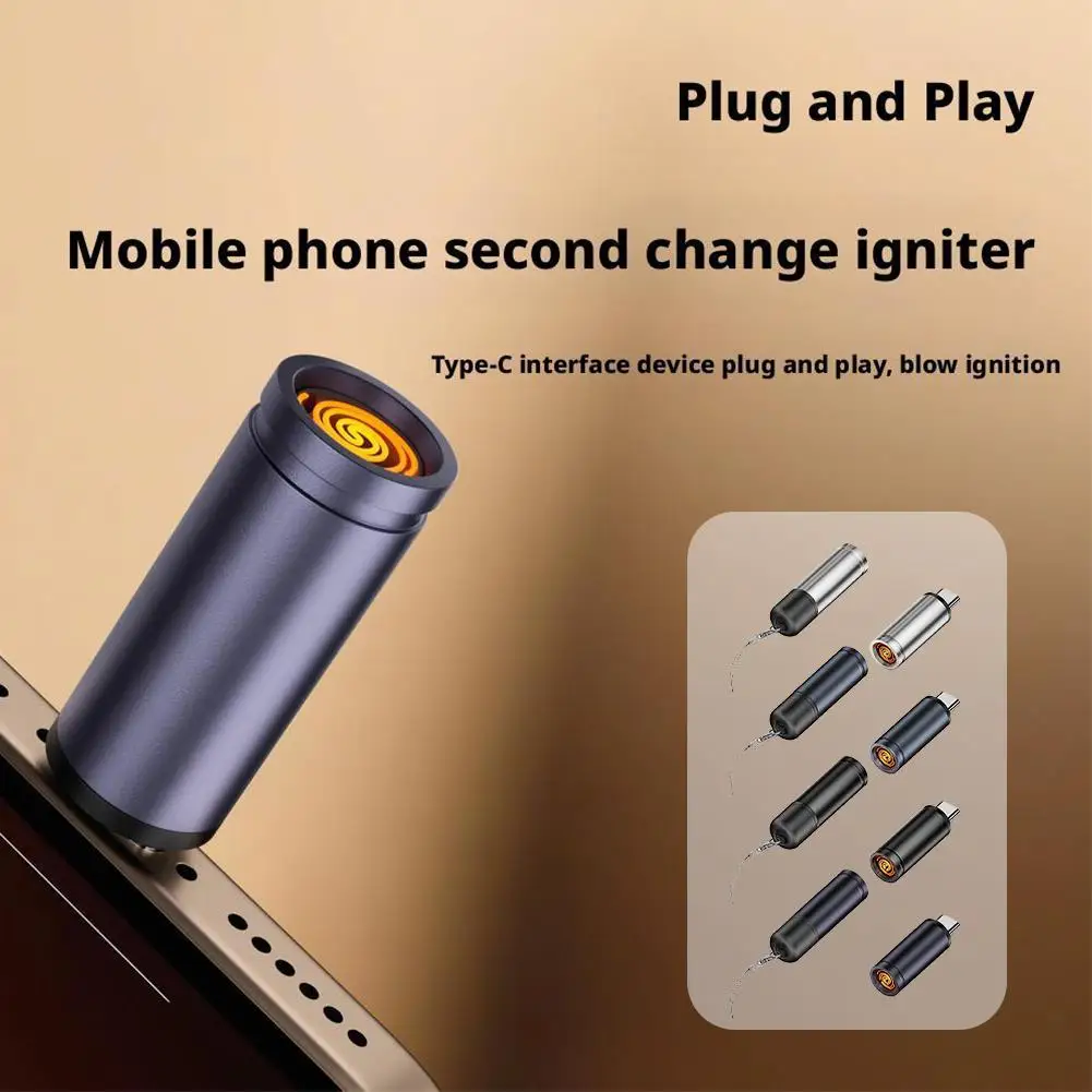 Mini encendedor tipo C, apagado automático para viajes aéreos al aire libre, sin batería, sin llama, adaptador de encendedor de seguridad portátil