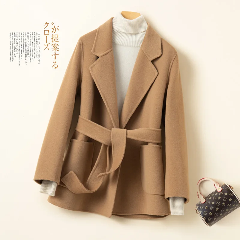 

Wholesale 100% pure wool autumn and winter Hepburn style double-sided cashmere coat women's short slim-fitting small woolen coat