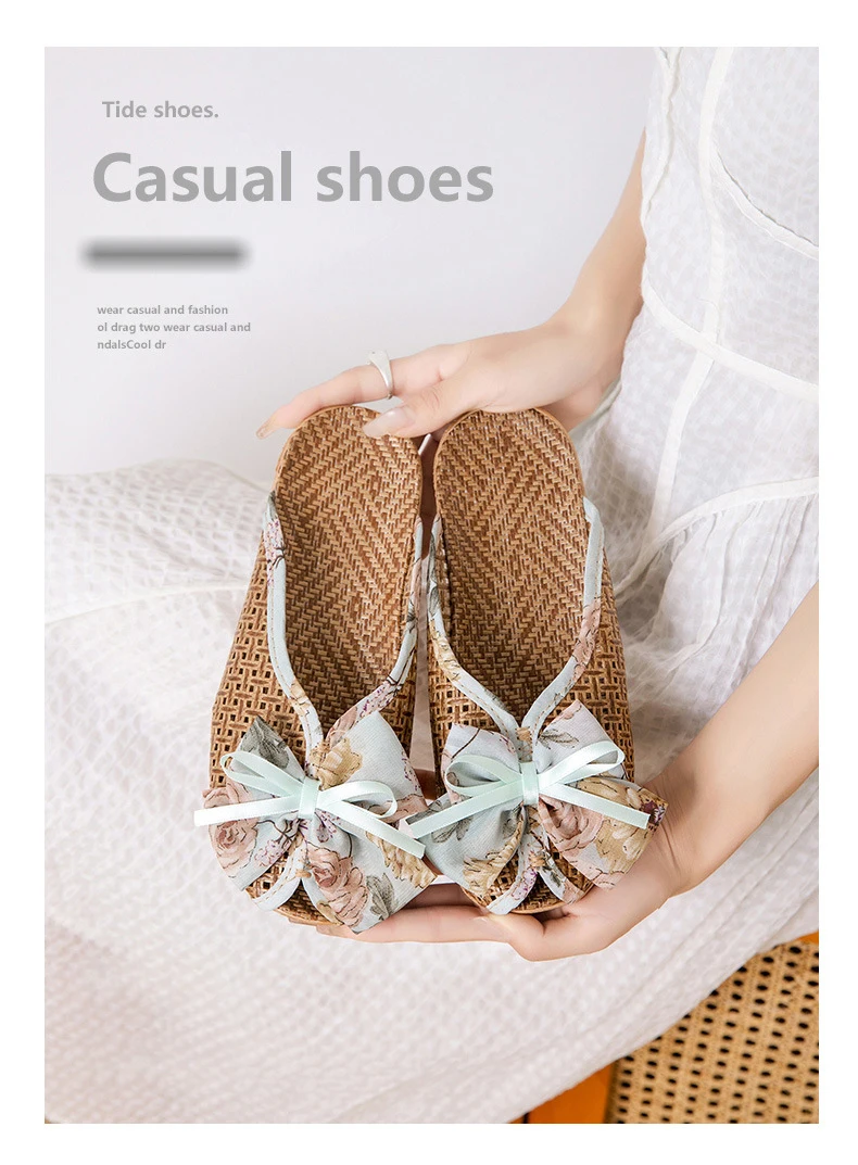 Rattan-Hausschuhe mit Fliege – niedliche Hausschuhe im koreanischen Stil, rutschfeste, atmungsaktive Innensandalen mit weicher Sohle für den Sommer – Detail 1